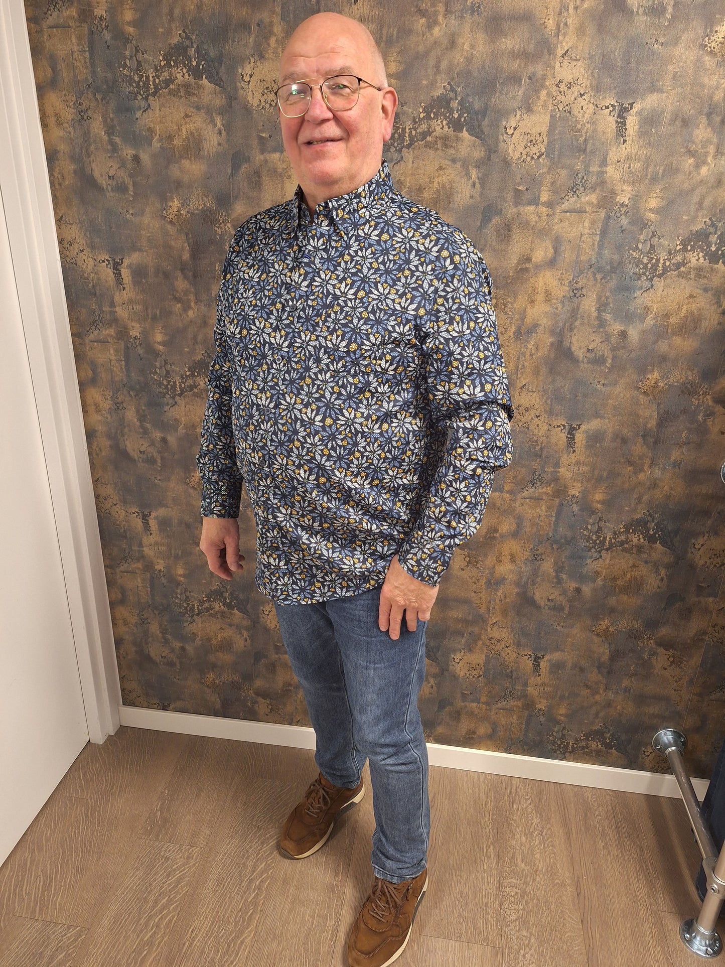 Chris Cayne overhemd donkerblauwe met gele bloem