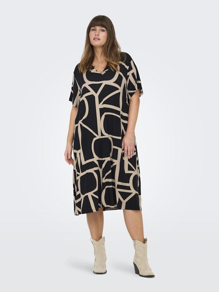 Only Carmakoma CARFYRLA LIFE S/S V-NCK BLK AOP DRE NOOS zwart beige