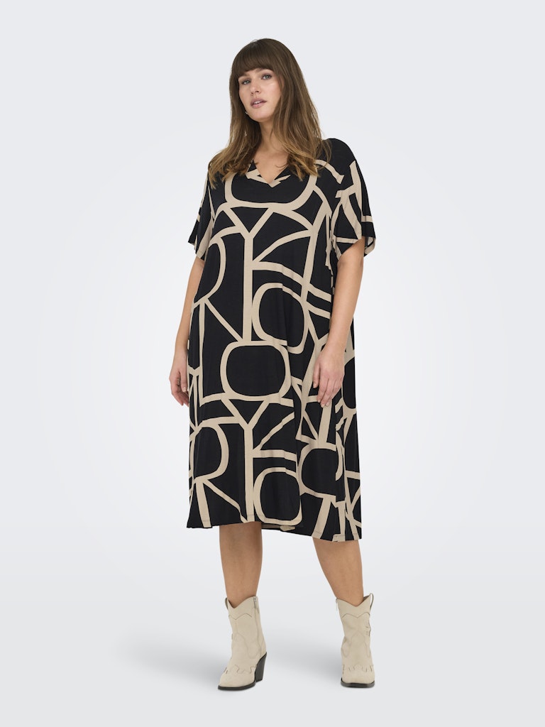 Only Carmakoma CARFYRLA LIFE S/S V-NCK BLK AOP DRE NOOS zwart beige