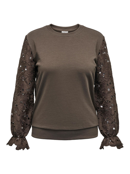 ONLY CARMAKOMA CARWANTEDL/S SWEATSHIRT WITH O-NECK AND LACE SLEEVES BRUSHED BROWN