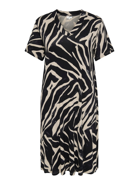 ONLY CARMAKOMA  CARFYRLA S/S V-NECK BLK AOP DRESS