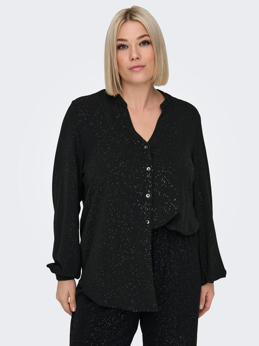 ONLY CARMAKOMA  CARJOSEE METTA LIFE L/S V-NECK SHIRT ZWART/GLITTER