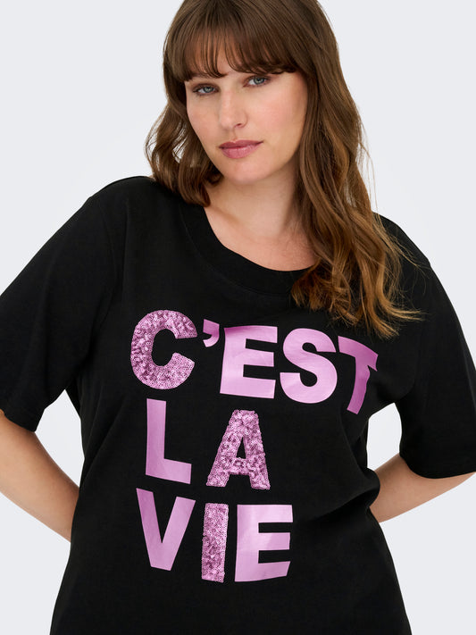 ONLY CARMAKOMA CARRIRI 2/4 O-NECK BOXY TEE JRS ZWART
