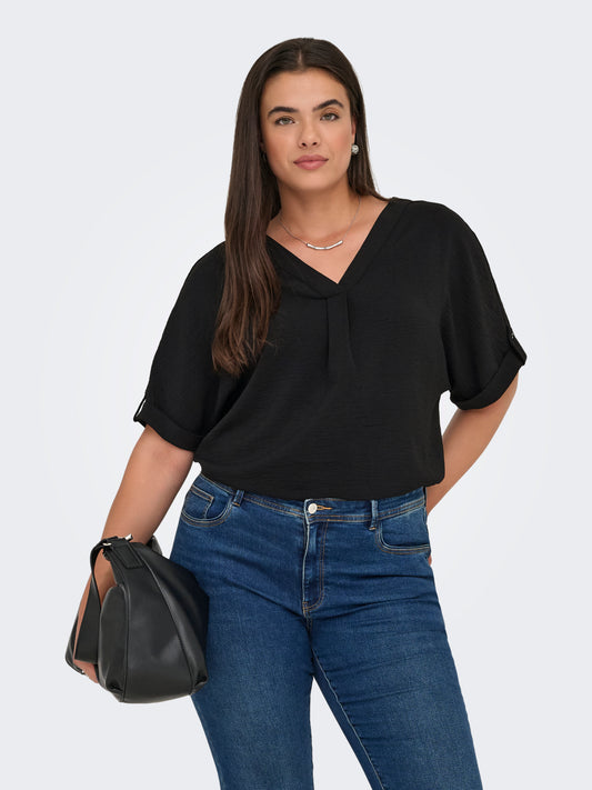 ONLY CARMAKOMA  CARMETTA LIFE 2/4 FOLD UP V-NECK TOP WVN ZWART