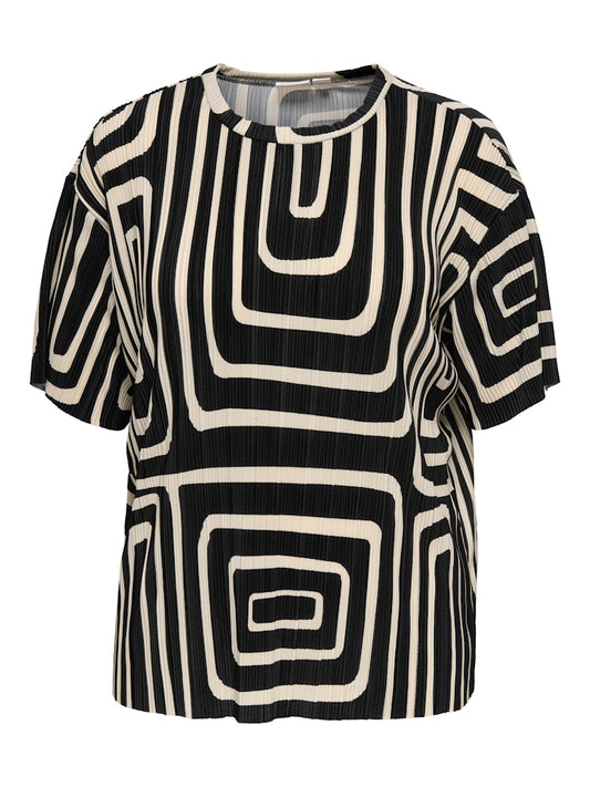 ONLY CARMAKOMA  CARRAVENNA S/S PLISSE AOP TOP ZWART/WIT