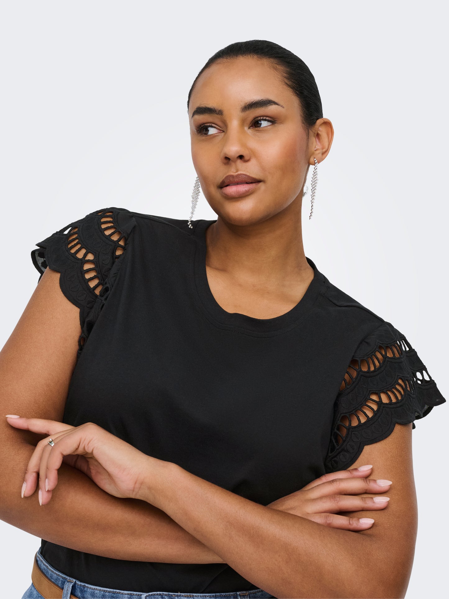 ONLY CARMAKOMA CARMACY S/S O-NECK MIX TOP JRS ZWART